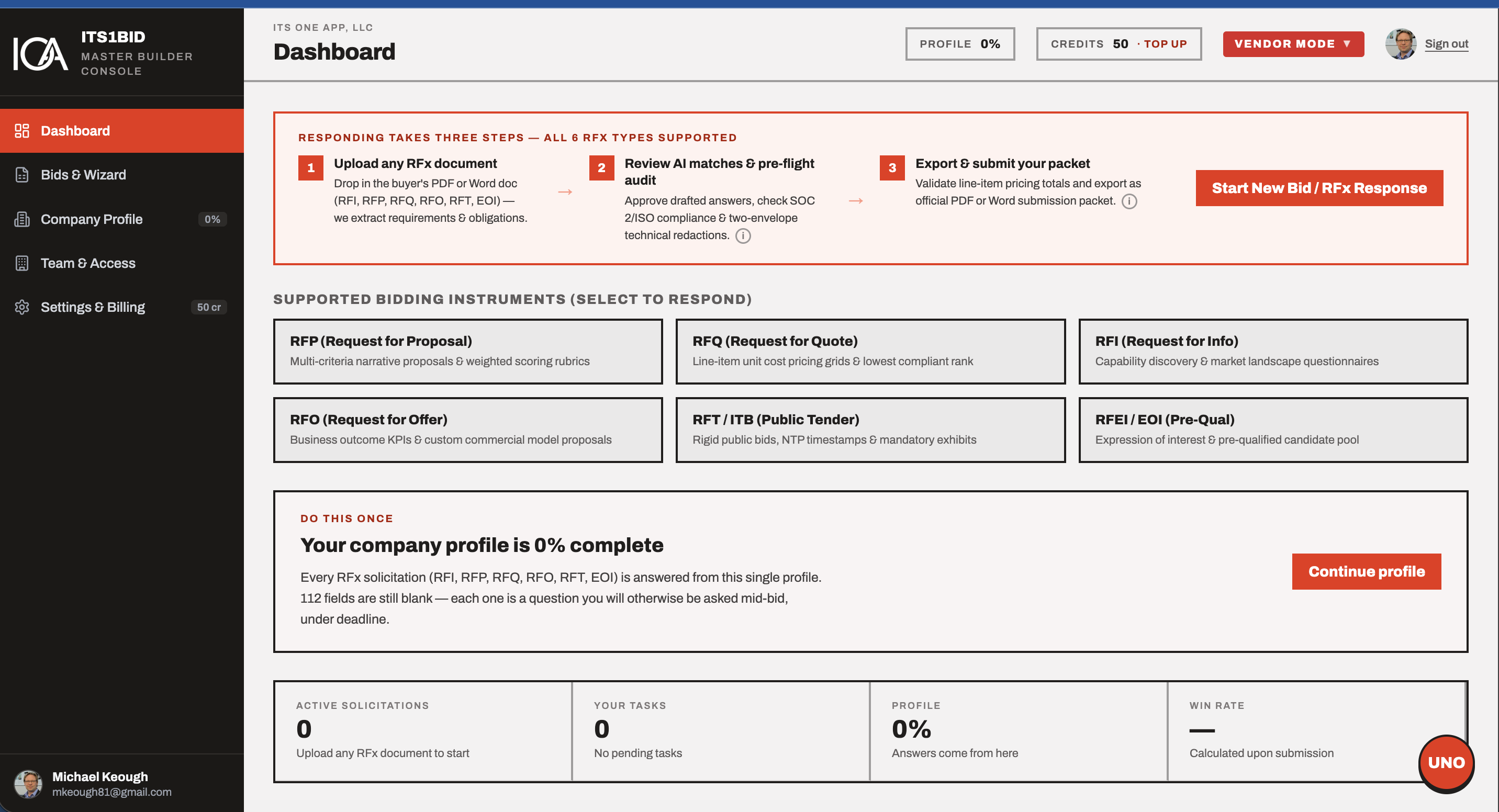 Its1Bid vendor proposal drafting interface