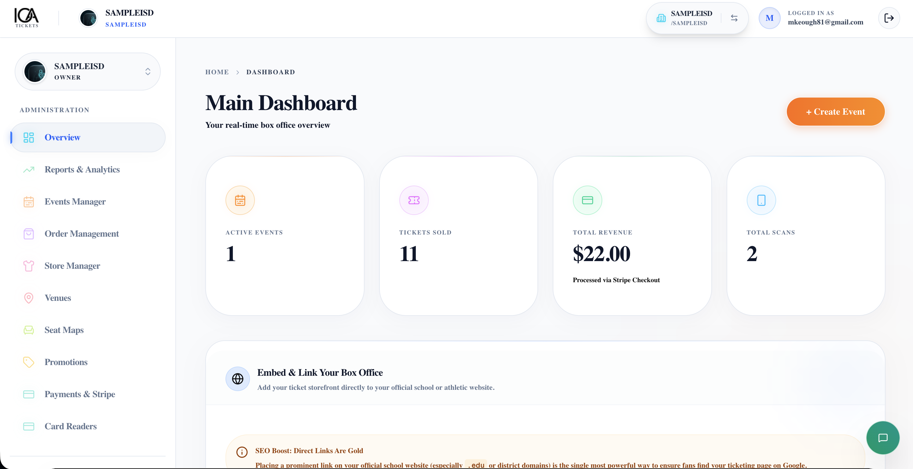 Its1Ticket digital ticketing box office dashboard